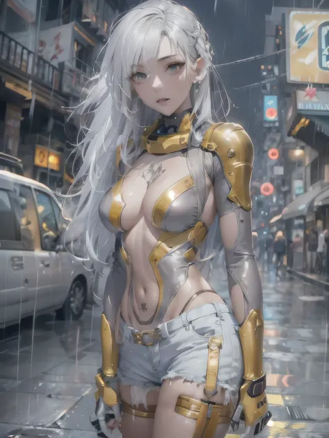 (photorealistic:1.8, highest quality:1.8,8K masterpiece:1.8,High resolution,muste piece:1.8,RAW Photos,cinematic lighting),No split screen, cyber punk、Back alley of the city at night、rain-soaked ground、vapor、
(1 android girl:1.3)、Completely naked、Full body...