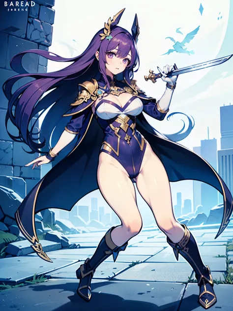 1girl, solo, solo focus, tall figure, (long hair, purple hair). She wears a white leotard, combined with black line elements. She wears a white hair ornament and carries an extremely large golden sword. bare legs, white boots, full body, medium breasts, ho...