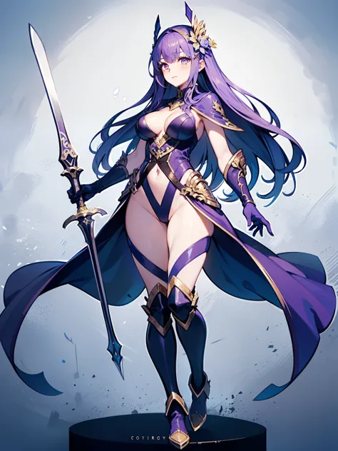 1girl, solo, solo focus, tall figure, (long hair, purple hair). She wears a white leotard, combined with black line elements. She wears a white hair ornament and carries an extremely large golden sword. bare legs, white boots, full body, medium breasts, ho...