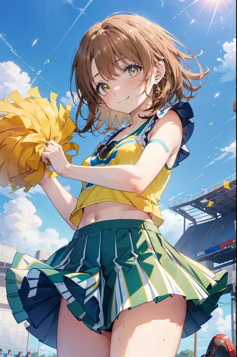 irohaisshiki, iroha isshiki, short hair, brown hair, (brown eyes:1.5), smile,happy smile, smile, open your mouth,(cheer leading), (whole body), medium chest, (sweaty), sweaty Wet Clothes, (yellow clothes),Yellow pleated skirt,sneakers , Navel support, play...