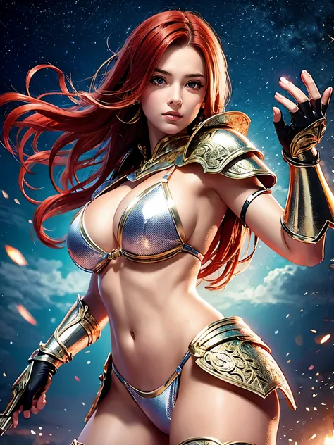 ((highest quality)),(ultra high resolution),(Super detailed),(detailed description),((best CG)),(best work of art),super precision art,amazing drawing art,(Art with precise details:1.5), (Woman in shiny bikini armor:1.7),(Intricately detailed reliefs:1.3),...