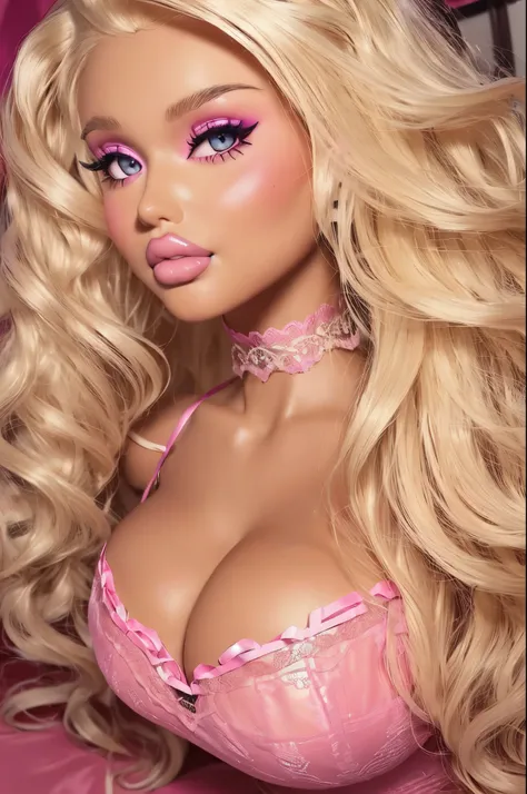 (((1girl))), (((solo))), ((Tanned Barbie bimbo with platinum blond hair wearing sexy lingerie)), curly hair, (((Anna Semenovich))), (((doll))), real life size, true to life, bbwchan, huge breasts, ((sexy pose))