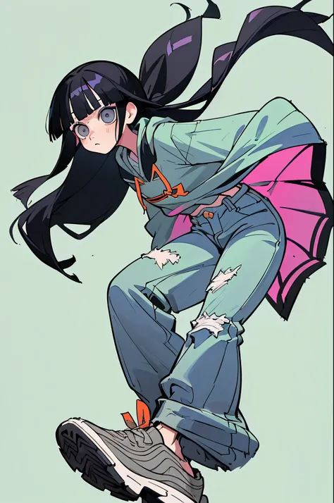 (best quality, masterpiece), 1girl, kimetsu no yaiba, masterpiece, best quality, 1girl, (solo:1.5) , black hair, blunt bangs, long straight hair, grey eyes, hoodie, blue jeans, sneakers. simple background illustration, simple background, good composition
