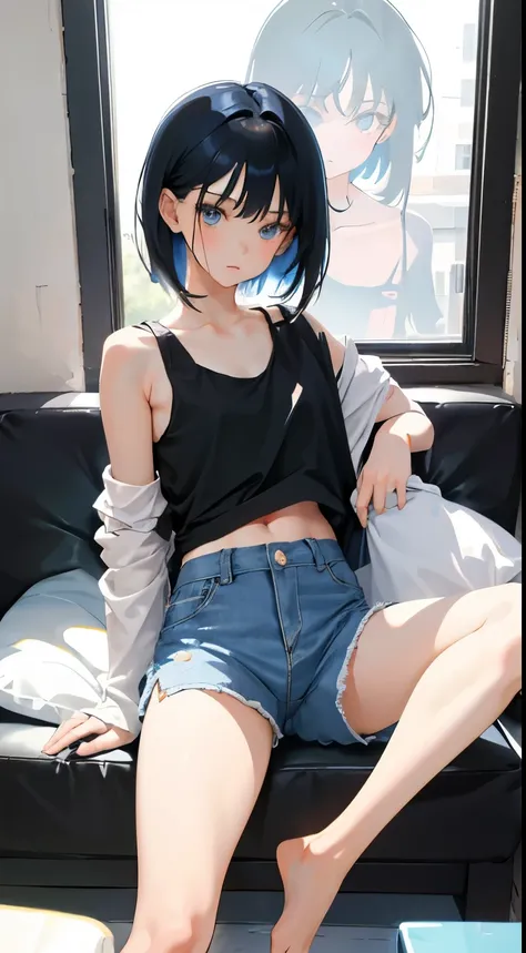 (short cute girl，small young student，young delicate girl）,（masterpiece，Top quality)，sit on the floor，Tank top，light blue shorts，short sleeve，long black hair，sleepy