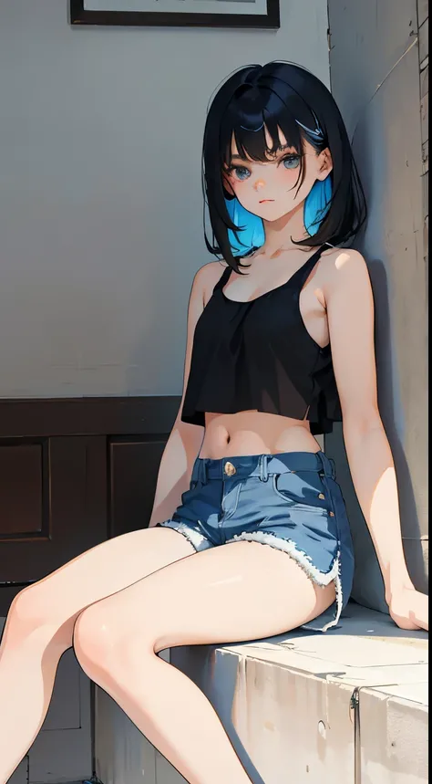 (short cute girl，small young student，young delicate girl）,（masterpiece，Top quality)，sit on the floor，Tank top，light blue shorts，short sleeve，long black hair，sleepy