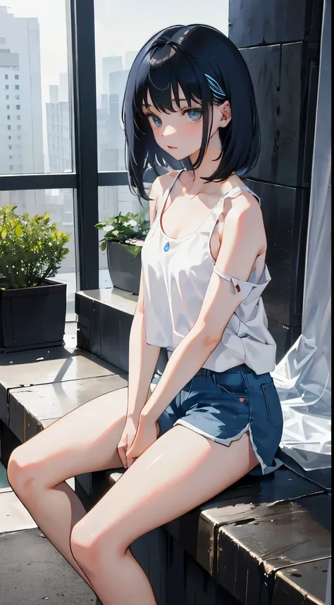 (short cute girl，small young student，young delicate girl）,（masterpiece，Top quality)，sit on the floor，Tank top，light blue shorts，short sleeve，long black hair，sleepy，in the rain