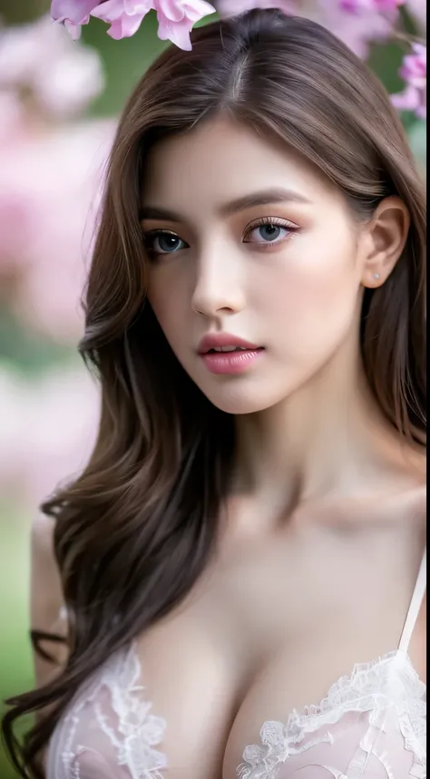 (highest quality,4k,8K,High resolution,masterpiece:1.2),Super detailed,(realistic,realistic,realistic:1.37),Slow Sports,woman,flowing long hair,Off-white iris,empty gaze,plump pink lips,White flowers bloom at the tip of my hair,elegant,medium shot,black dr...