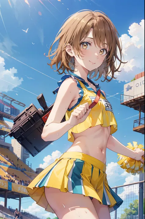 irohaisshiki, iroha isshiki, short hair, brown hair, (brown eyes:1.5), smile,happy smile, smile, open your mouth,(cheer leading), (whole body), medium chest, (sweaty), sweaty Wet Clothes, (yellow clothes),Yellow pleated skirt,sneakers , Navel support, play...