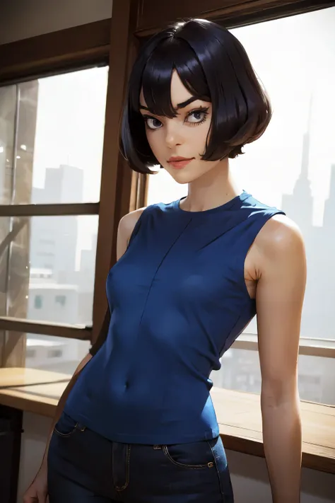 very young slim fit girl, full height, rounded face, (disheveled dark blue bob cut:1.4), big yellow eyes, shy smile, perfect flat breast, look at you, (ahoge:1.2), megane, (clean scene:1.4), sashagrey, a strand of hair from the bangs hangs between the eyes...