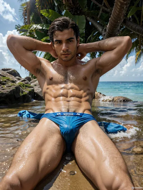 HD -Masterpiece- Greek young man- gay- seductive -attractive- skimpy soaked and wet, tight Speedos, blue Speedos. thin physique, hairy body, Alone in tropical beach, front padded groin area, hairy legs, completely sun tanned, soaked and wet body. Insuinati...