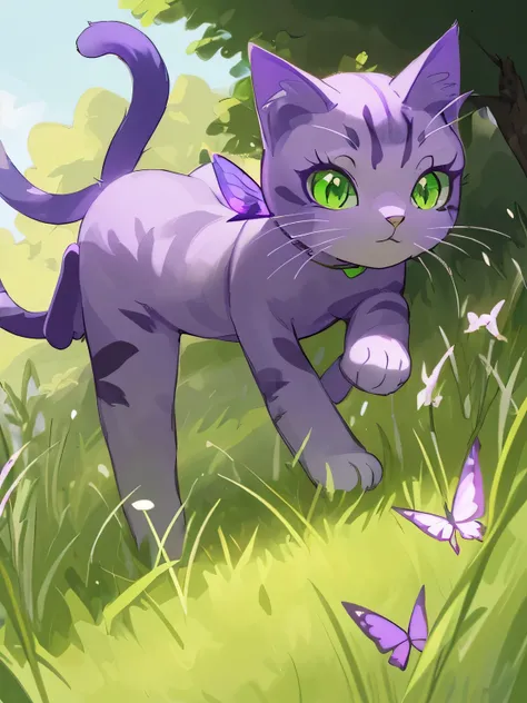 1 beautiful cat, female purple cat in field, green eyes, long tail, eyelashes, cat playing with butterfly, green field, trees, flowers, grass