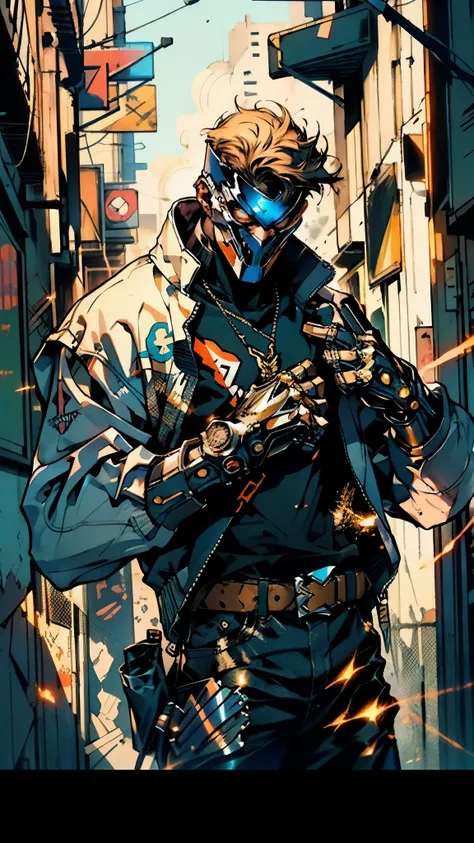 An adult man with tousled and messy dark blonde hair, a metallic beast concept mask covering his entire face, full mask, cold and penetrating gaze, a sturdy physique, a loose cyberpunk-style short jacket over a T-shirt, metal wrist guards, a belt around hi...