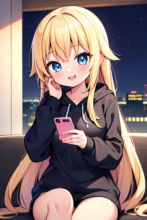 1girl, blonde hair, long hair, smooth hair, teen girl, 8k resolutions, blue eyes, masterpiece, wearing black hoodies, happy face, medium breast, sit pose, shy pose, in night, hand holding phone, look at top