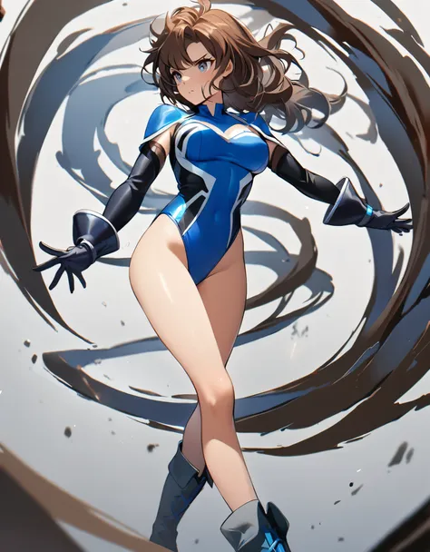 1girl, solo, solo focus, a female superhero spins in place like a tornado, medium breasts, leotard, red and blue leotard, bare legs, boots, matching boots, gloves, matching gloves, brown hair, spiral