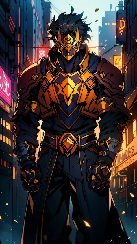 An adult man with tousled and messy dark blonde hair, a metallic beast concept mask covering his entire face, full mask, cold and penetrating gaze, a sturdy physique, a loose cyberpunk-style short jacket over a T-shirt, metal wrist guards, a belt around hi...
