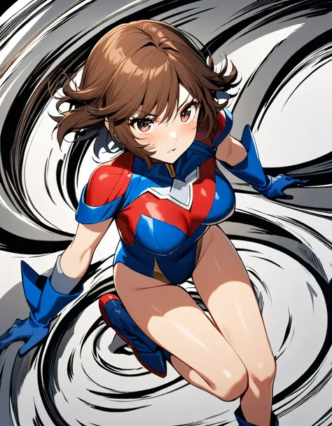 1girl, solo, solo focus, a female superhero spins in place like a tornado, medium breasts, leotard, red and blue leotard, bare legs, boots, matching boots, gloves, matching gloves, brown hair, spiral lines