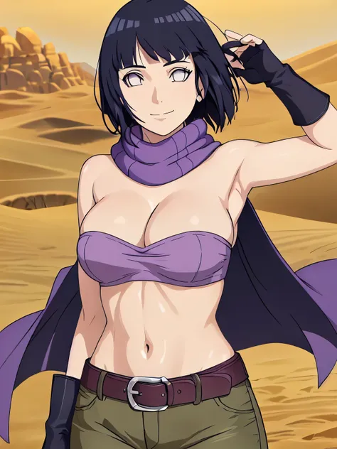 (hinata(boruto), (high quality, anime, tall), ((mini purple Bandeau top, tight purple Bandeau top)), ((fingerless gloves, blue PANTS with belt, black scarf)), (both arms down, (both armpits in full glory, two armpit line),  curvy body, extremely slim waist...