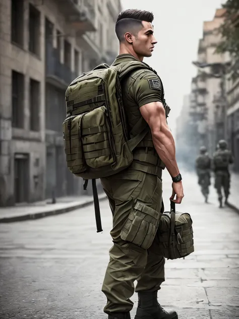 Militaire,Homme musclé fort, street angry, backpack, Realistic Epic, photo, faded, des trucs complexes autour, fond complexe, soaked, couleurs neutres, ((((hdr)))), ((((couleurs sourdes)))), intricate scene, ArtStation, intricate details, Vignette