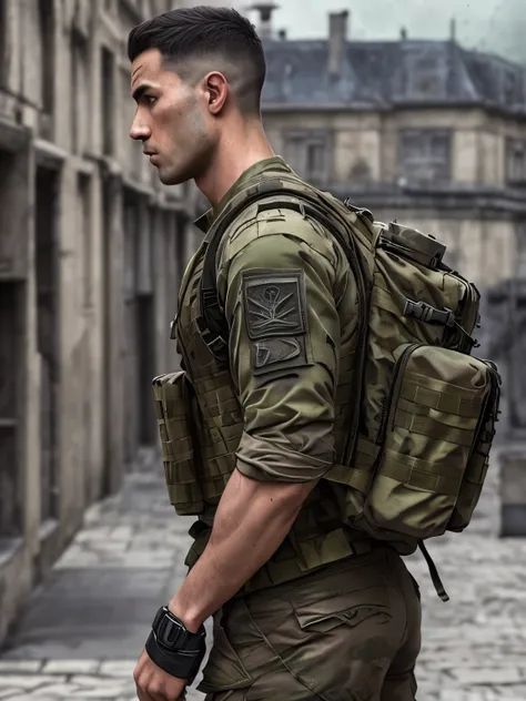 Militaire,Homme très musclé fort, street angry, backpack, Realistic Epic, photo, faded, des trucs complexes autour, fond complexe, soaked, couleurs neutres, ((((hdr)))), ((((couleurs sourdes)))), intricate scene, ArtStation, intricate details, Vignette