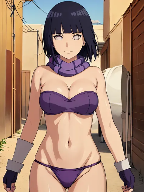 (hinata(boruto), (high quality, anime, tall), ((mini purple Bandeau top, tight purple Bandeau top)), ((fingerless gloves, blue THONG with belt, black scarf)), (both arms down, (both armpits in full glory, two armpit line), curvy body, extremely slim waist,...