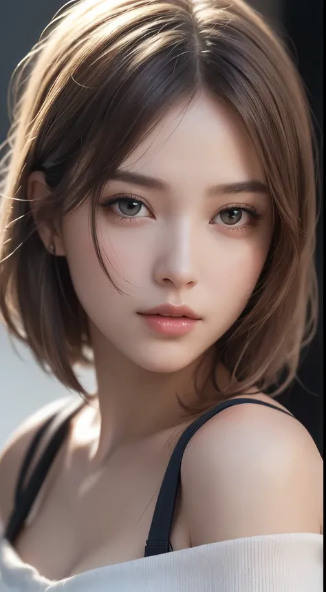 1girl, Extremely cute, amazing face and eyes, (extremely detailed beautiful face), (Ultra realistic), (highly detailed eyes, highly detailed hair, highly detailed face, highly detailed plump lips), (off shoulder), breasts, upper body, caute smile, (best qu...