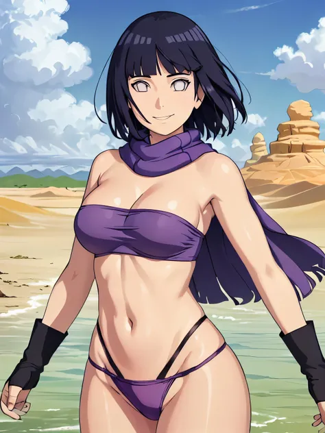 (hinata(boruto), (high quality, anime, tall), ((mini purple Bandeau top, tight purple Bandeau top)), ((fingerless gloves, blue THONG with belt, black scarf, LEGGINGS)), (both arms down, (both armpits in full glory, two armpit line), curvy body, extremely s...