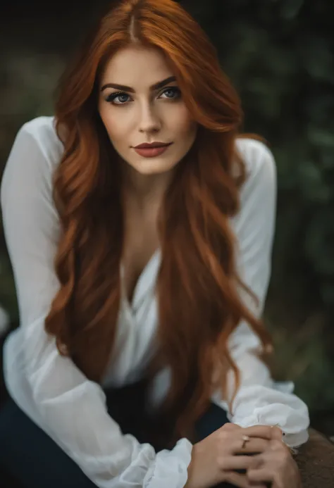 profesional, (foto 4k:1.1)  (sharp focus:1.3), alto detalle, agotador (camisa apretada:1.2), hermoso rostro detallado, An attractive woman with long red hair looks at the camera, resembling actress Katherine McNamara., panasonic lumix s pro 50mm f/1.4, , f...