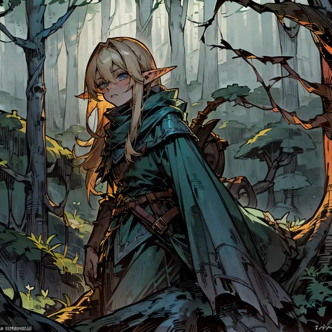 (Position: Standing on a tree) On a hunt, Blond haired tsundere elf, blue eyes, Hunter, confident, assertive, genre: dark fantasy, adventurer, [Close up, detailed, detailed face, detailed body] (Background: Dark gloomy forest on a hill)