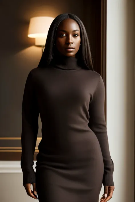 A woman in a sweater dress, age and skin tone unspecified, Alone, her dark skin radiant under the soft lighting. Her hips, immensely wide (immensely thick), created an incredibly striking silhouette. She wore a simple sweater that clung to her figure, acce...