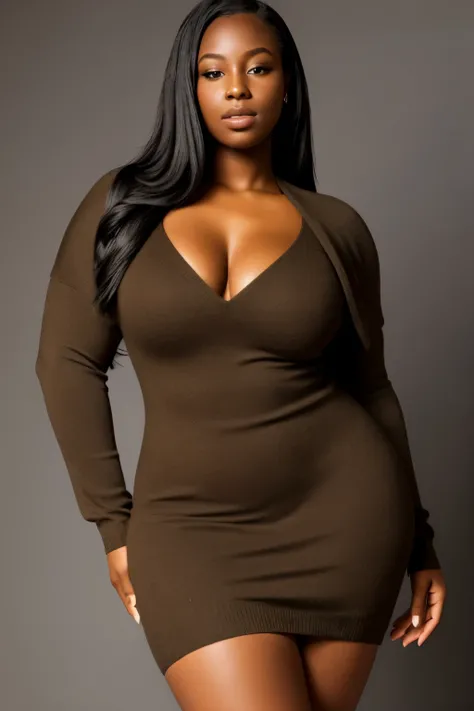 A woman with a stunning torso, clad in a sweater dress that hugs her figure, boasts immensely wide (immensely thick) hips. Her dark skin glistens under the soft lighting, adding an enchanting allure to her form. The sweater she wears fits snugly around her...