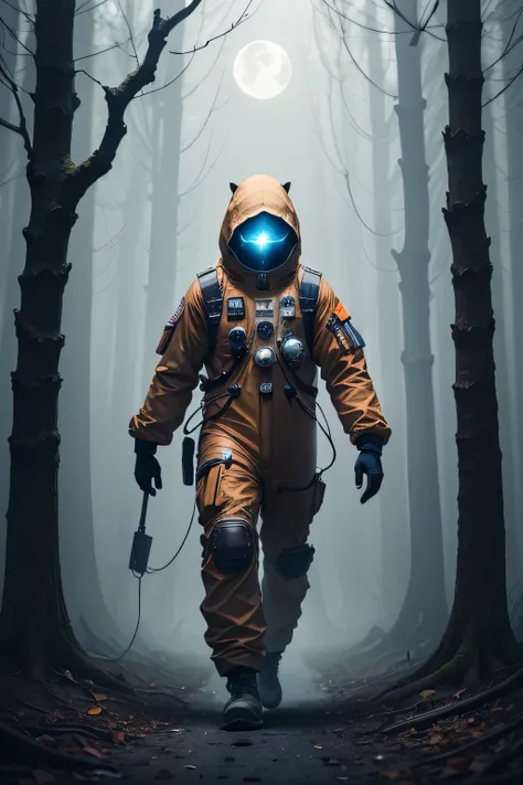 shrouded in a dense fog, surrounded by floating clocks and melting trees. The astronaut is wearing a vibrant orange spacesuit, with reflective visor and gloves. The ship is old and rusty, covered in patches and graffiti. The Moons surface is rocky and full...