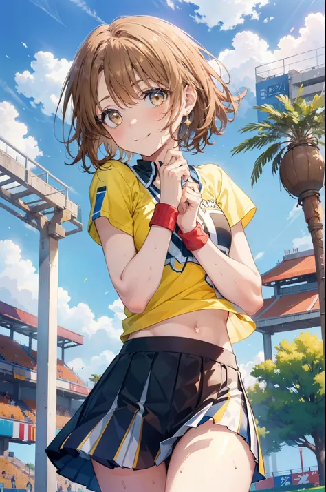 irohaisshiki, iroha isshiki, short hair, brown hair, (brown eyes:1.5), smile,happy smile, smile, open your mouth,(cheer leading), (whole body), medium chest, (sweaty), sweaty Wet Clothes, (yellow clothes),Yellow pleated skirt,sneakers , Navel support, play...