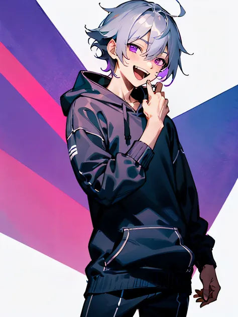 (boy, purple eyes，laughter, silver hair)，alone，cowboy shot，black hoodie