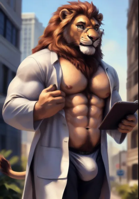 Lion, male, solo, adult, abs, pecs, nipples, older, strong muscles, long mane, detailed face, beautiful eyes, ludoctor outfit, open gown, white medical gown, glasses, showing chest, muscular chest, muscular, black pants, seductive face, bodybuilder body, b...