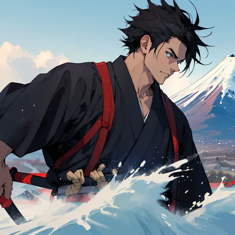 highest quality: 1.0), (ultra high resolution: 1.0), anime boy, short black hair, blue eyes, Sharp Samurai,mount fuji background