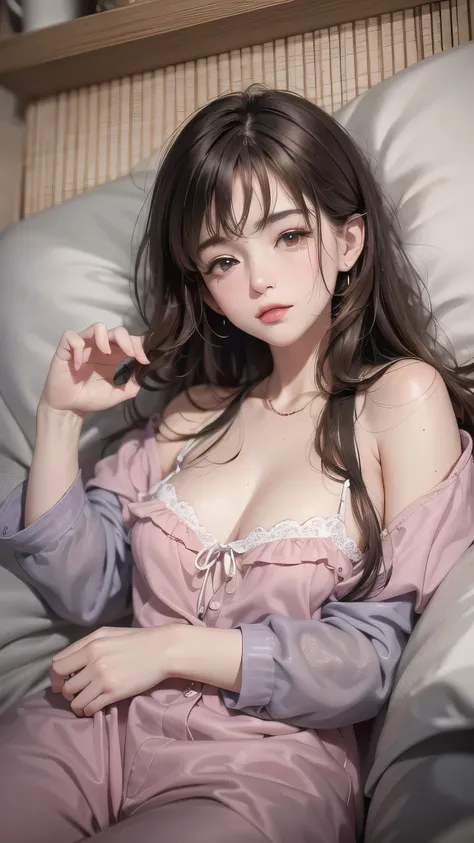 sleeping girl, 22 years ago, realistic, she is wearing pink long pajamas, brown hair.