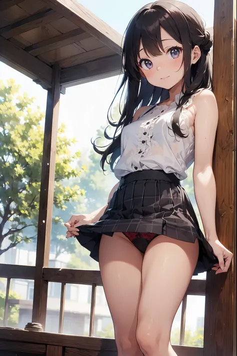 very cute and beautiful girl standing near the window,((((White checked summer dress with fine frills),sleeveless,Fine lace)))),(skirt lift,white panties),(((lift up the skirt、flip up the skirt、You can see a little of my pants)))、 (very detailed美しい顔),grass...