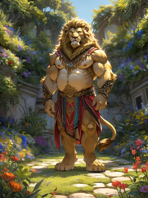 (high quality,sharp focus,best quality:1.2),ultra-detailed,realistic portrait of a majestic male Lion with a long, flowing blonde mane, a thick blonde beard on its chin, vibrant green eyes, and a large, plump belly. The Lion is confidently standing in a ga...