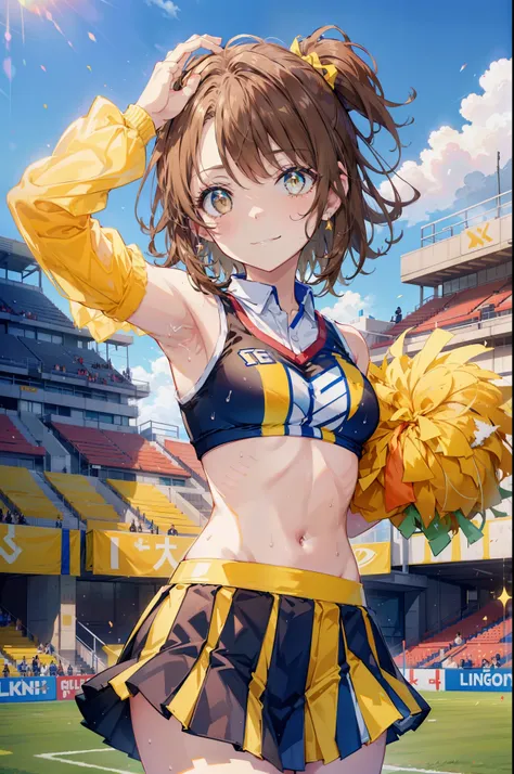 irohaisshiki, iroha isshiki, short hair, brown hair, (brown eyes:1.5), smile,happy smile, smile, open your mouth,(cheer leading), (whole body), medium chest, (sweaty), sweaty Wet Clothes, (yellow clothes),Yellow pleated skirt,sneakers , Navel support, play...