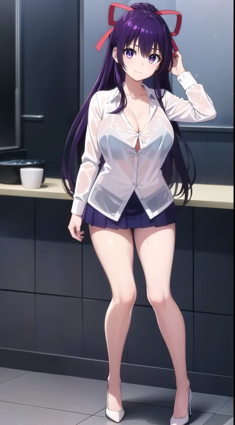 tohkayatogami, tohka yatogami casual, long hair, purple hair, alluringly smile, office shirt, see through shirt, wet shirt, hard nipples, cleavage, long shirt, long sleeves, bare legs, no skirt, no pants, fabric chokers, pensil skirt ,(purple eyes:1.1), ha...