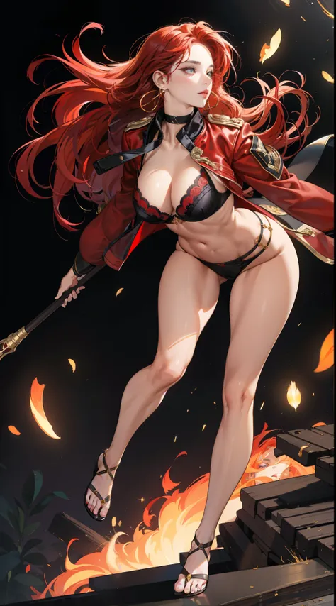 (best quality:1.5, highres, UHD, 4K, detailed lighting, shaders),best quality eyes, perfect hands, perfect finger  , red floral haired, gradient hair, big breasts, red bra, big thighs,  big butt, red jacket,  red long pants, mature woman , (pov), black bac...