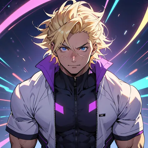  My hero Academy character. With light freckles on the face, One Boy, muscular and toned and robust body, tall, blue eyes, clear and smooth skin, wavy semi-short blonde hair, purple color lights and dark purple color energies around. anime. Magic ight purp...