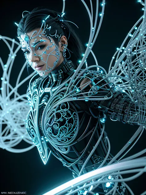 Noser Robot, complex 3d render very detailed of a beautiful death angel, Biomechanical glass skin cyborg, analog, 150 mm lens, Beautiful bioluminescence, large leaves and stems, root, high quality leaf lace, colorful details, samurai, Boris Bidjan Saberi&#...