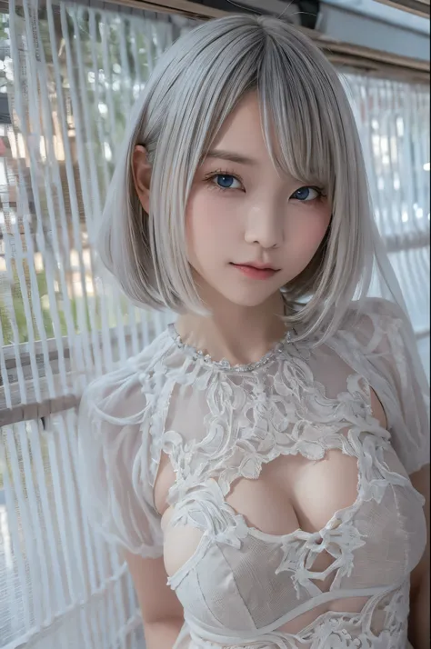 ((high quality)),table top,(Detailed depiction of local details:1.2),1 Japanese girl,(plump breasts:1.3),Enchanted Valley,closed mouth,eyelash,looking at the viewer,portrait,alone,Upper body,gray hair,white theme,short hair,silver hair,Yoruhano. 2 Type B,