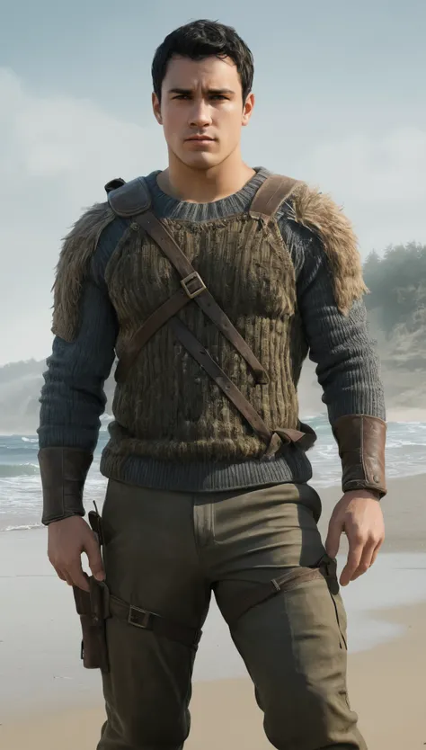 An illustrated movie poster, hand-drawn, full color, a solider, male, 28 years-old, wearing a rib-knit commando sweater and tactical pants, resembles Gavin Leatherwood, sun-tanned skin, chubby face, average height, broad shoulders, soft belly, slightly ove...