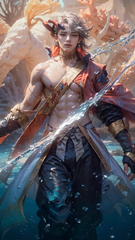 (max resolution: 1.2), (Ultra HDTV: 1.2), 8K resolution, Eye and skin details, detailed facial features, , (Sharp focus: 1.2), (Focus focus) facial expressions: 1.2), 1 Guy, Standing, (Eyes looking straight at viewer), Long hair, White hair, Wearing earrin...