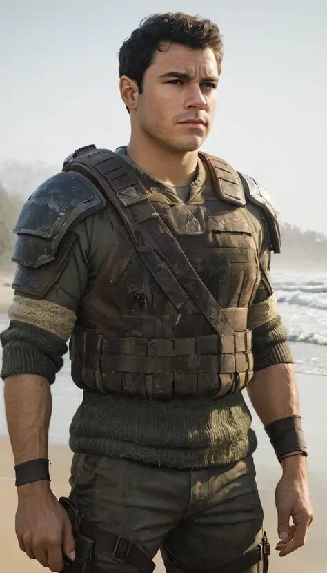 An illustrated movie poster, hand-drawn, full color, a solider, male, 28 years-old, wearing a commando sweater and tactical pants, resembles Gavin Leatherwood, sun-tanned skin, chubby face, average height, broad shoulders, soft belly, slightly overweight, ...