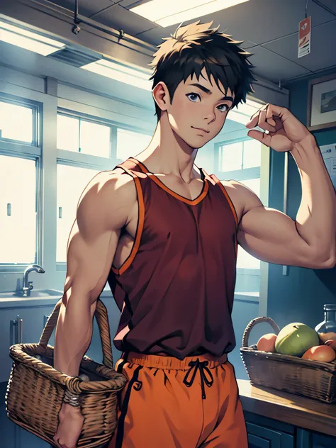 highres,Masterpiece， Best quality at best,Best Quality,hight quality, hight detailed, realistic, Anime style, 1boy, Little Boy, indoor, Cheerful boy, basket uniform,Tank Tops, boy focus,