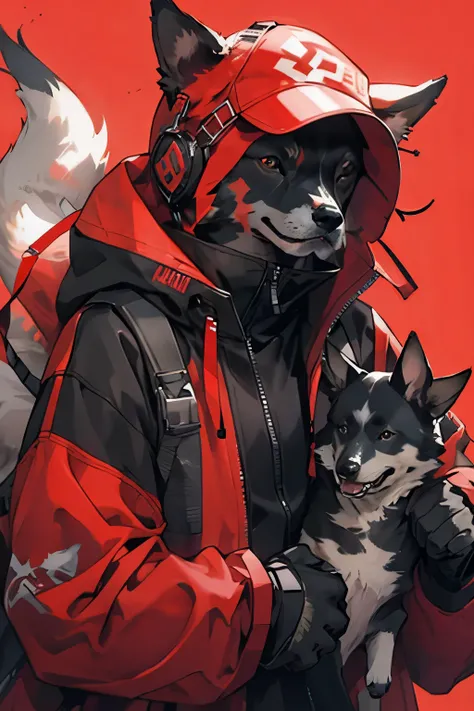 a dog with techwear clothes, and crimson red techwear, in inferno background