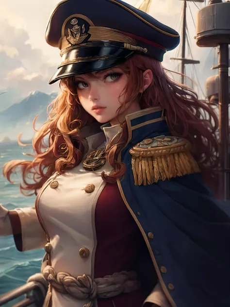 a woman in a uniform on a ship with a sword